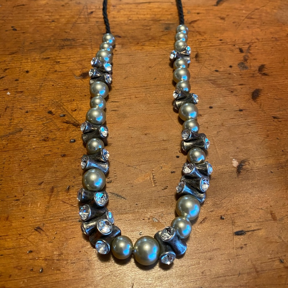 J Crew Pearl and Crystal black rope necklace